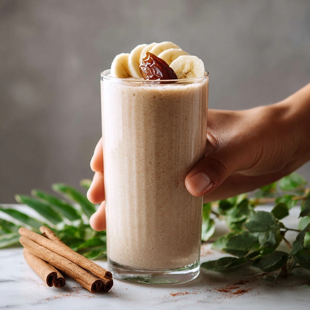 A tall clear glass filled with a creamy light brown smoothie topped with three slices of banana and a single dried date. The smoothie looks thick and smooth, filling the glass almost to the top. The glass sits on a white marbled surface, surrounded by green leaves and sticks of cinnamon. A woman's hand is gently touching the glass from the side. photo taken with an iphone --ar 4:5 --v 7