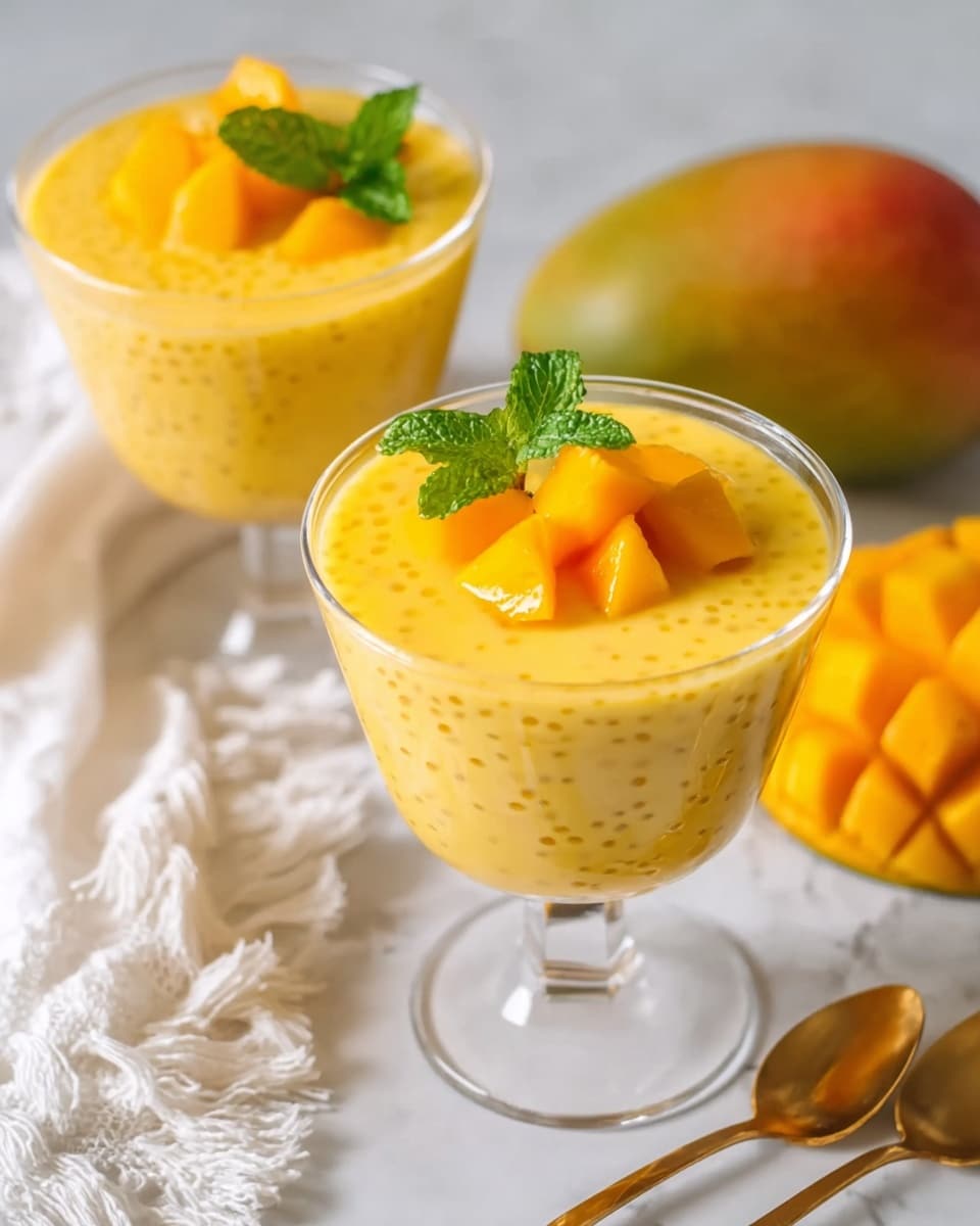 Two clear glass dessert cups hold a creamy yellow mango pudding with small tapioca pearls visible throughout the smooth layer. Each cup is topped with three bright orange mango chunks and a small sprig of fresh green mint placed gently on top. The glasses sit on a white marbled surface near two whole mangoes in the background. A white fringed cloth lies loosely folded to the left, while a pair of gold spoons rests on the surface to the right of the front cup. The bright, fresh colors and soft textures contrast nicely with the clean, pale backdrop. photo taken with an iphone --ar 4:5 --v 7