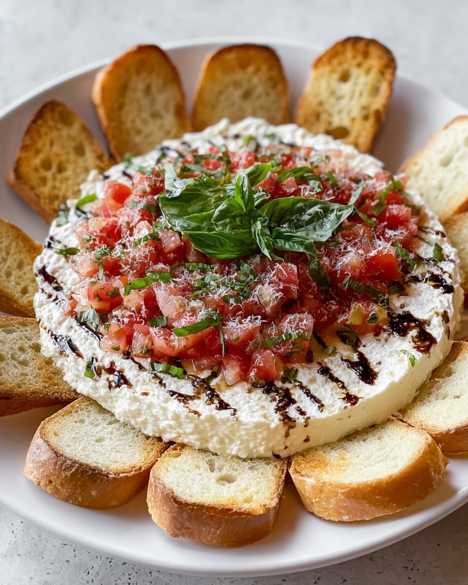A white plate holds a spread of creamy white cheese as the bottom layer, thick and soft in texture with a slight uneven spread. On top, there is a colorful layer of finely diced red tomatoes mixed with thin green strips of fresh basil, sprinkled lightly with grated cheese or seasoning. Dark balsamic glaze is drizzled in thin lines over the cheese and tomato layers, adding contrast and shine. At the center of the tomato topping sits a small bunch of whole fresh green basil leaves. Around the edge of the plate, slices of toasted white bread with golden brown crusts are arranged upright, framing the dish. The plate rests on a white marbled texture surface. photo taken with an iphone --ar 4:5 --v 7