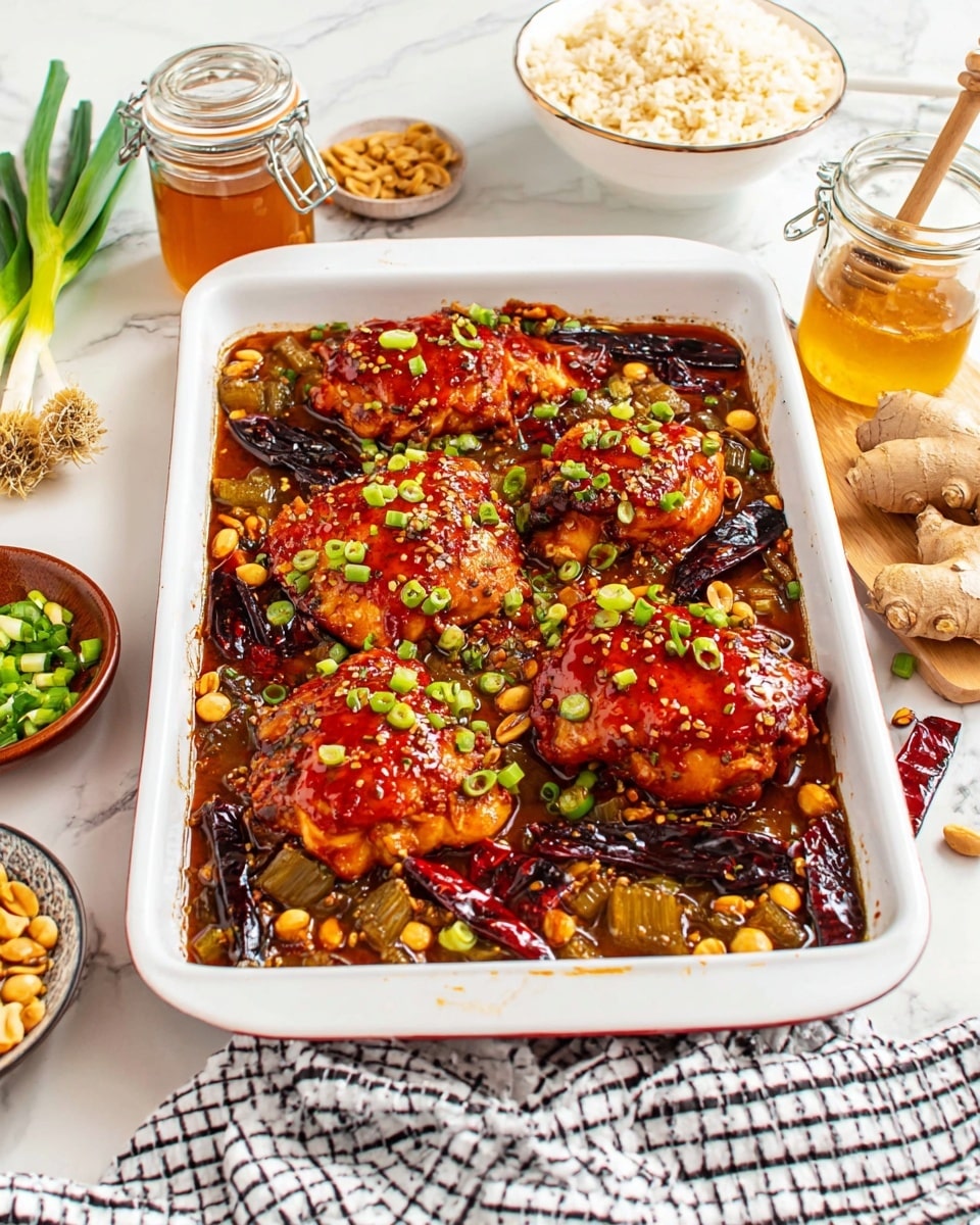 The image shows a white baking tray filled with six pieces of cooked chicken coated in a shiny reddish-brown sauce, topped with chopped green onions. Around the chicken pieces, there are dark red and black dried chili peppers, crunchy golden-brown peanuts, and small green vegetable pieces scattered evenly. The tray sits on a white marbled surface with a white and black checkered cloth on the side. In the background, there is a white bowl filled with cooked rice, a small white dish with fresh ginger, some green onions, a glass jar of honey with a honey dipper inside, and a small white bowl of peanuts. The overall look is colorful and appetizing with a mix of bright, warm, and earthy tones. photo taken with an iphone --ar 4:5 --v 7