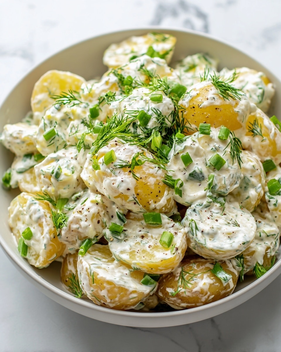 The image shows a white bowl filled with creamy potato salad consisting of about two layers of halved baby potatoes coated in thick white dressing. The potatoes have a soft yellow color with a smooth texture, speckled with black pepper. Green onion pieces and fresh dill are generously sprinkled on top, adding bright green color and freshness to the dish. The bowl is set on a white marbled surface, and the salad looks rich and appetizing with a mix of creamy and herb textures. photo taken with an iphone --ar 4:5 --v 7