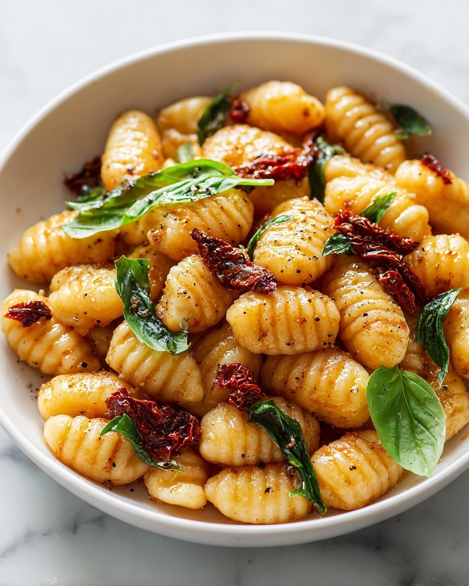 A white plate full of golden brown gnocchi with slight grill marks, scattered with small pieces of bright red sun-dried tomatoes and fresh green basil leaves on top. The gnocchi pieces have a soft, slightly ridged texture. In the background, there is a bowl filled with more sun-dried tomatoes and some green basil leaves, all set on a white marbled surface. The image captures a close-up view with natural lighting, showing the details of the food clearly. Photo taken with an iphone --ar 4:5 --v 7
