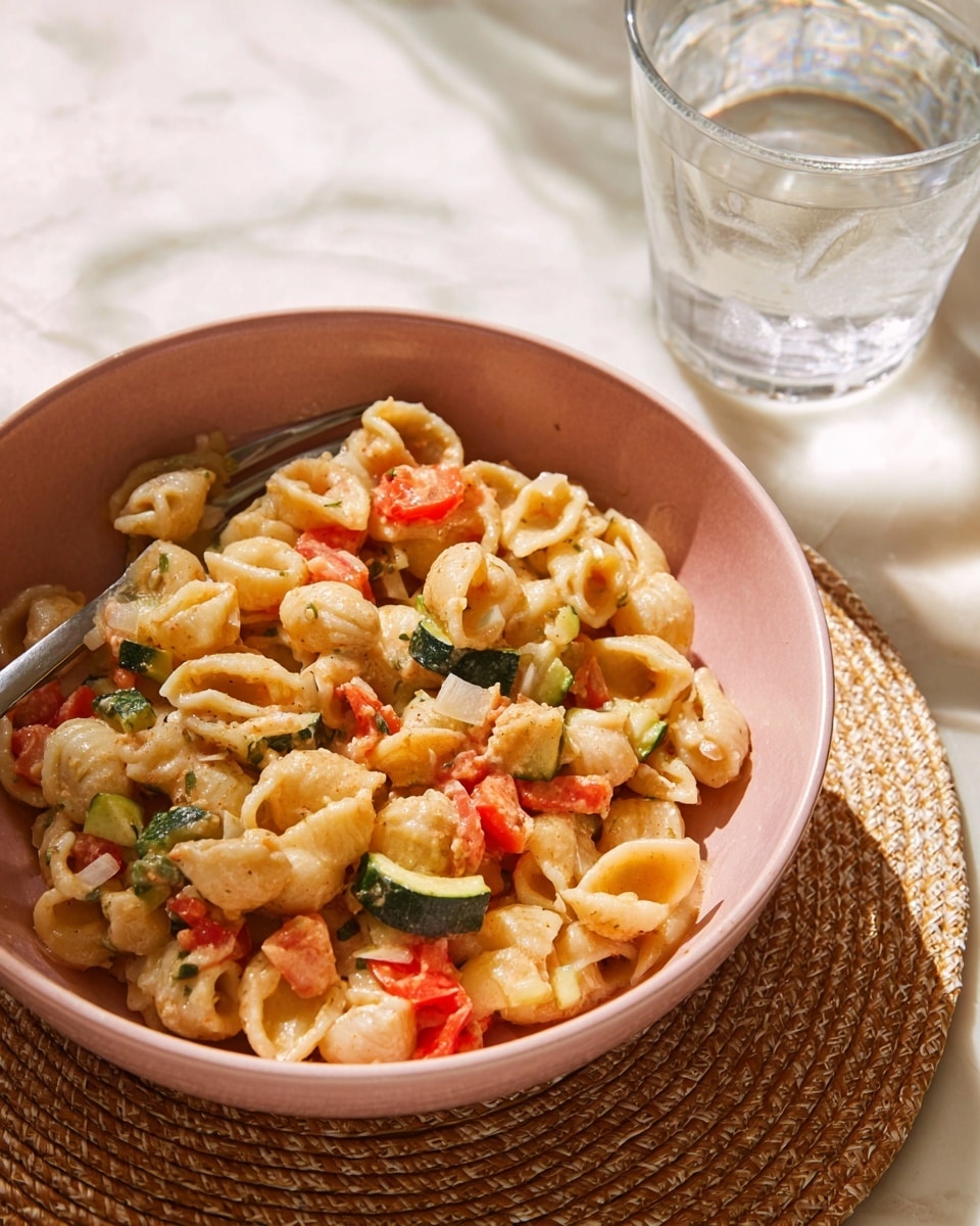 A close-up view of a pink bowl filled with small shell-shaped pasta mixed with diced vegetables including red tomatoes, green zucchini, and small pieces of creamy white cheese, all coated in a light sauce with a slightly oily texture. The pasta is mostly light beige with colorful vegetable chunks giving pops of red, green, and white throughout. The bowl sits on a woven light brown placemat, next to a clear glass of water filled halfway, all set against a white marbled texture. Soft light from above casts gentle shadows, and a silver fork is partially visible resting inside the bowl. Photo taken with an iphone --ar 4:5 --v 7