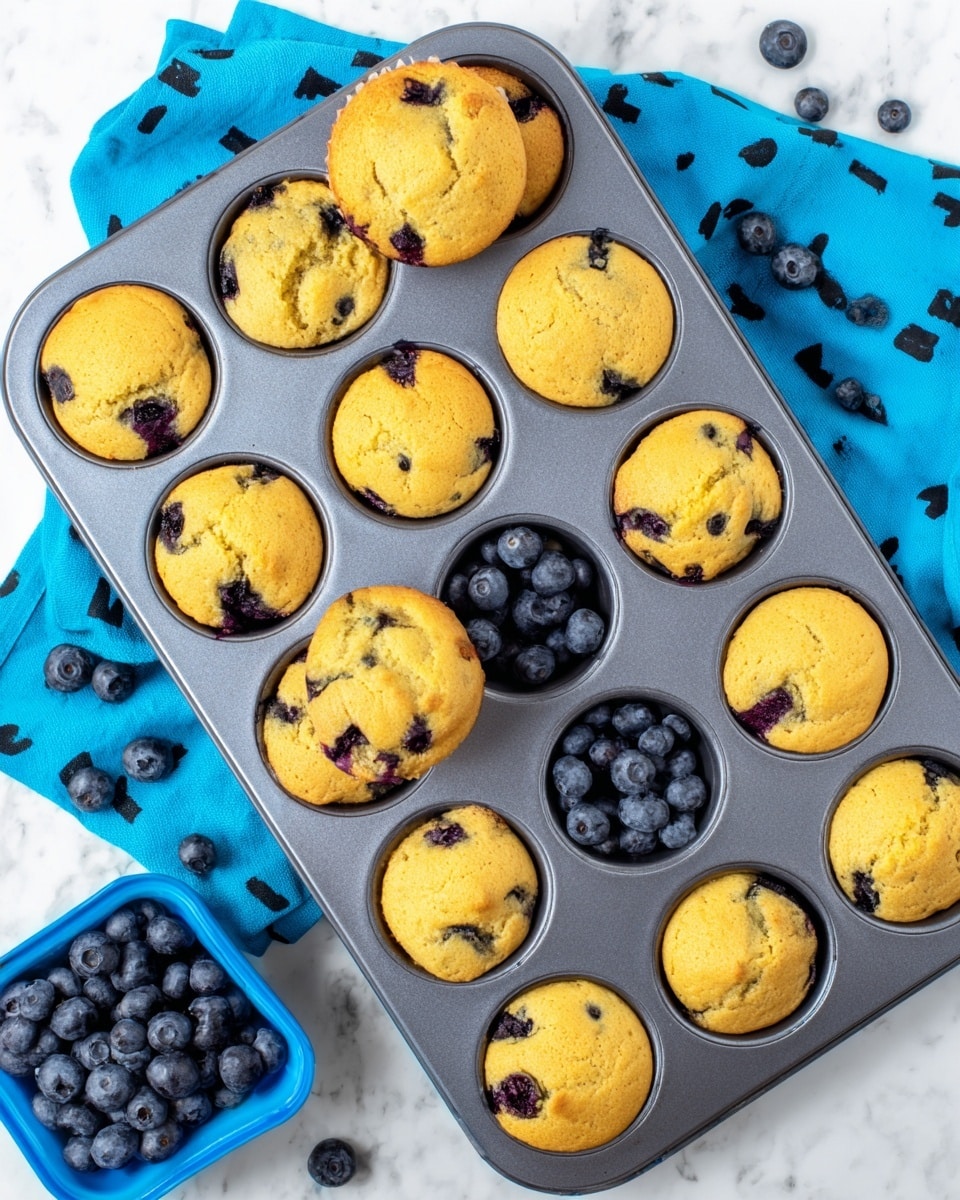 A gray muffin tray holds 18 freshly baked blueberry muffins with a golden-yellow top and visible dark purple blueberry spots throughout. One muffin is lifted slightly above the tray, showing its round, soft shape. The tray rests on a bright blue cloth with scattered black letters. Fresh blueberries are placed in the middle empty cup of the tray, as well as a cluster of blueberries in a plastic container at the bottom left. The entire setup is on a white marbled surface. photo taken with an iphone --ar 4:5 --v 7