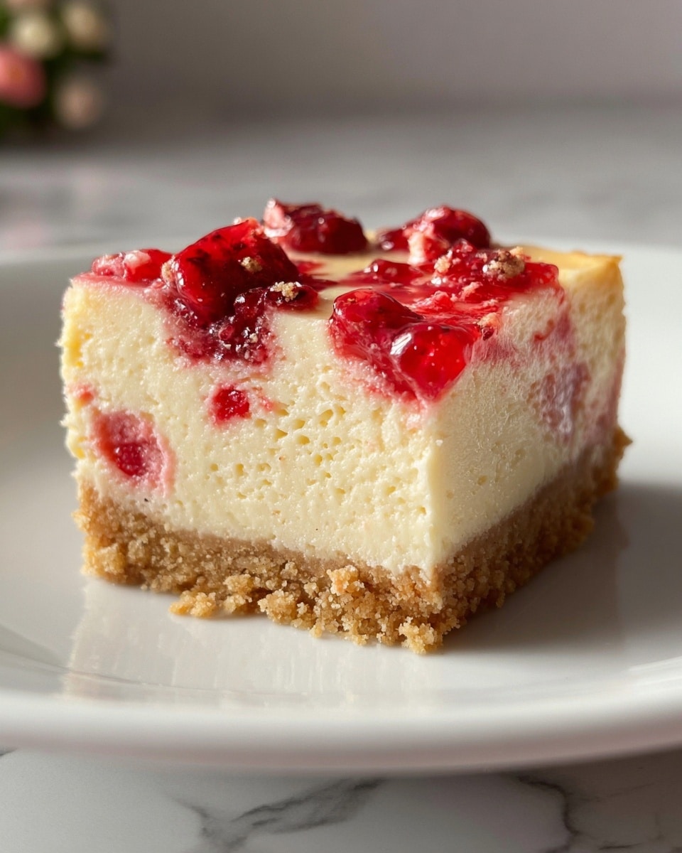 A close-up image of a square slice of cheesecake on a white plate, placed on a white marbled surface. The dessert has two visible layers: the bottom layer is a crumbly, light brown crust with a slightly rough texture, while the thick top layer is creamy and pale yellow with a smooth, dense texture. The top of the cheesecake is garnished with scattered red berry pieces embedded in a thin layer of glossy, translucent gel, adding bright red spots and a slightly wet look. Photo taken with an iphone --ar 4:5 --v 7
