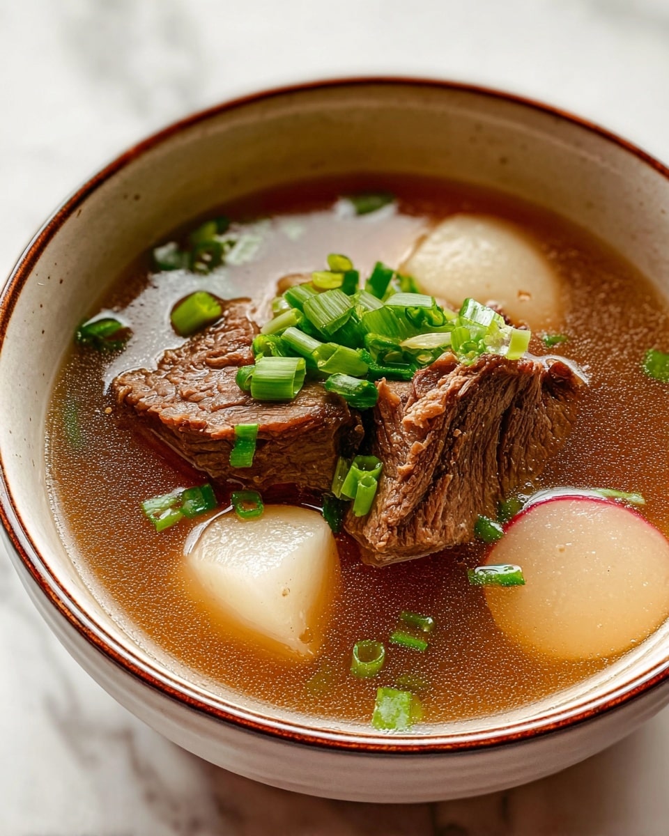 A close-up view of a soup in a white bowl with a thin brown rim, sitting on a white marbled surface. The soup has a clear, brown broth as the base layer filled almost to the top. On this is placed two large pieces of textured brown beef, sitting slightly off-center. Around the beef are smooth, off-white round slices of radish partially submerged in the broth. At the very top, finely chopped bright green onions are scattered over the beef, adding a fresh vibrant touch. The soup looks warm and hearty. Photo taken with an iphone --ar 4:5 --v 7