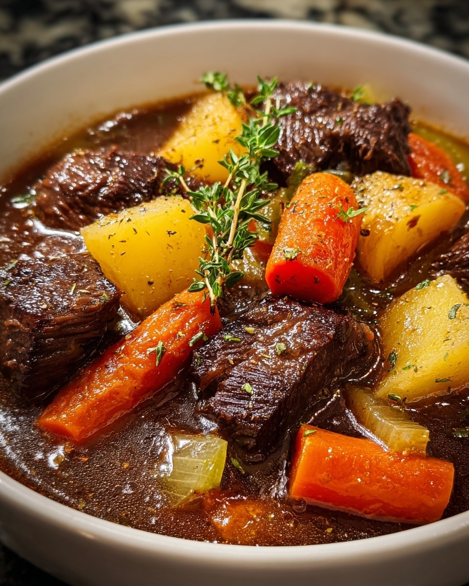 A close-up of a dark bowl filled with a rich beef stew showing thick chunks of brown beef, bright orange carrots, pale yellow potatoes, translucent cooked onions, and small pieces of green celery, all mixed in a dark, glossy broth. There is a small green herb sprig placed on top, and tiny bits of green herbs sprinkled over the stew. The bowl is placed on a white marbled surface. photo taken with an iphone --ar 4:5 --v 7