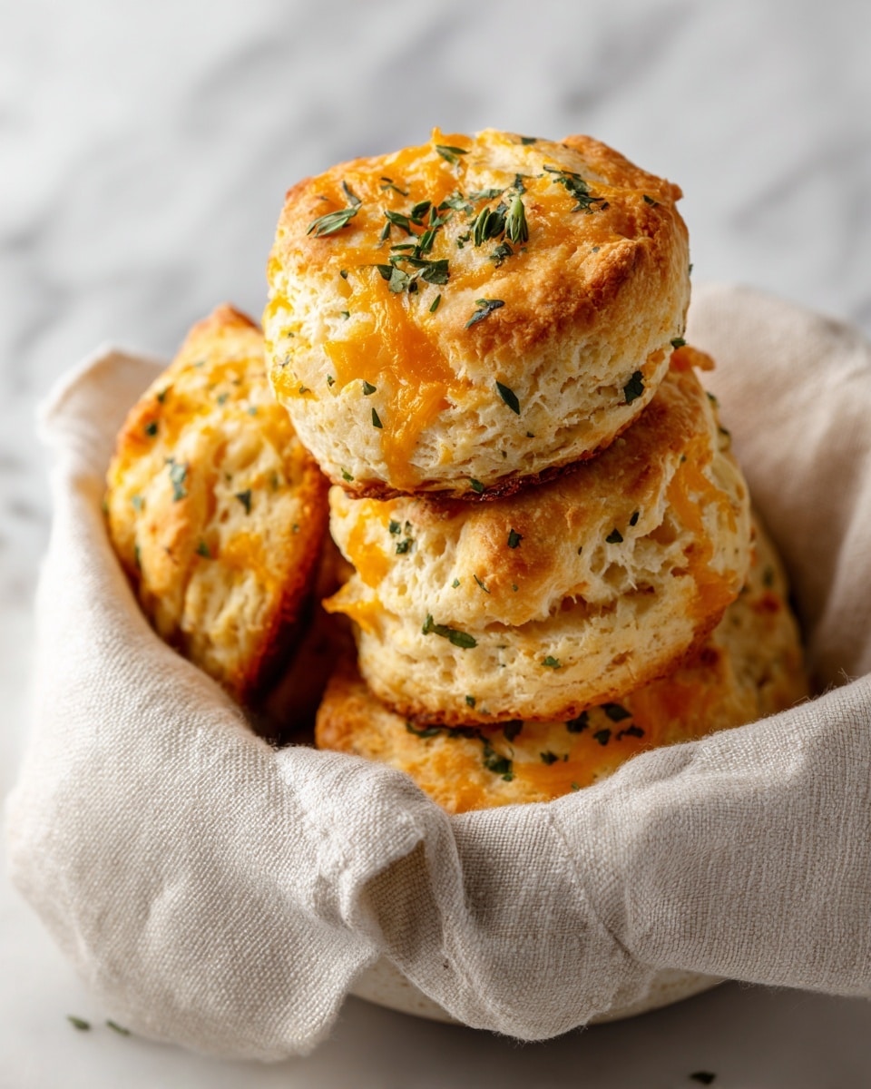 A white bowl lined with a cream cloth holds a stack of four cheese biscuits. Each biscuit is golden brown with a slightly crispy texture, with melted orange cheese visible on top and within the layers. Small green herb flakes are sprinkled over the surface of the biscuits, adding color contrast. The biscuits are round and uneven, showing a homemade rustic look. The background is a white marbled texture. photo taken with an iphone --ar 4:5 --v 7