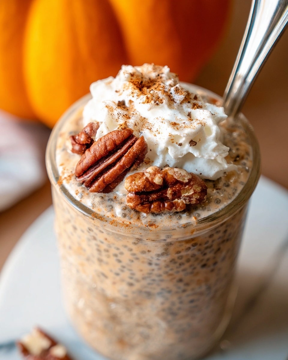 A close-up view of a glass jar filled with a creamy, light brown mixture speckled with small chia seeds, topped with a dollop of white whipped cream sprinkled with cinnamon. Scattered on top of the creamy layer are several pecan halves adding texture and a rich brown color. A metal spoon is partially inserted into the jar from the right side. The jar sits on a white marbled surface with a blurred orange pumpkin in the background. photo taken with an iphone --ar 4:5 --v 7