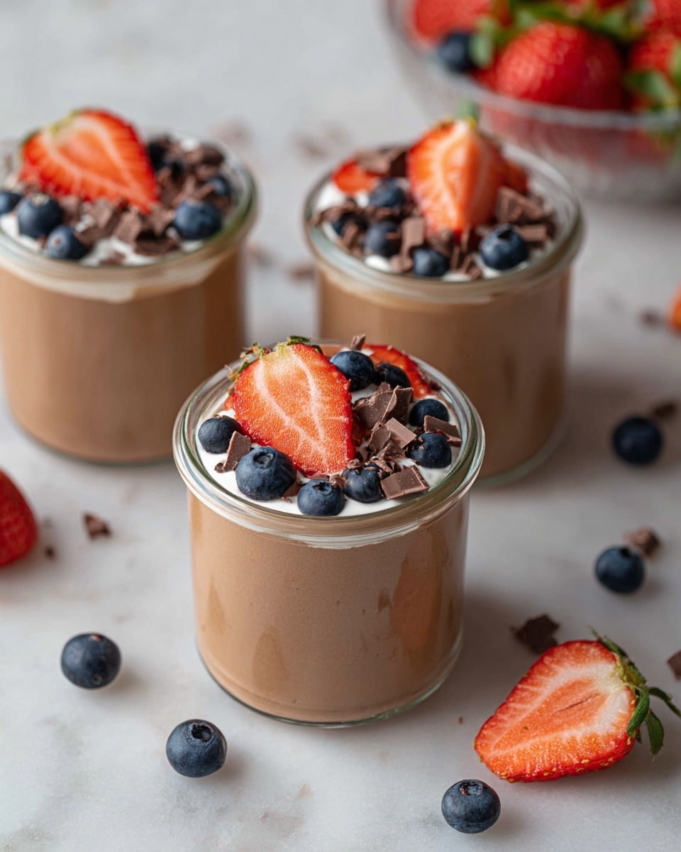 The image shows three clear glass jars filled with a smooth, light brown chocolate mousse. Each jar has a top layer of white cream, decorated with several pieces of bright red strawberry slices, whole dark blue blueberries, and small shavings of dark chocolate. The jars are placed on a white marbled surface with scattered blueberries and a few fresh strawberry halves nearby. In the background, there is a blurred bowl filled with more strawberries and blueberries. The overall look is fresh and colorful with creamy and fruity textures. photo taken with an iphone --ar 4:5 --v 7
