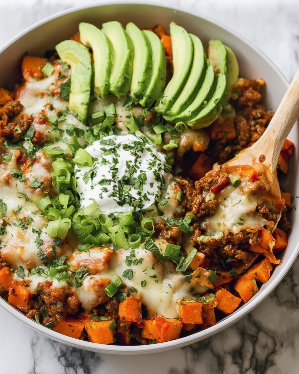 A white bowl filled with a layered dish starting with a base of diced orange sweet potatoes and browned ground beef mixed with bits of onion, topped with melted white cheese that stretches slightly. On top, there are several slices of bright green avocado arranged around the bowl's edge, with a dollop of white sour cream sprinkled with chopped green herbs in the center. Scattered chopped green onions and finely chopped fresh green herbs cover the whole dish. A wooden spoon rests inside the bowl, partially lifting the food. The bowl sits on a white marbled surface. photo taken with an iphone --ar 4:5 --v 7