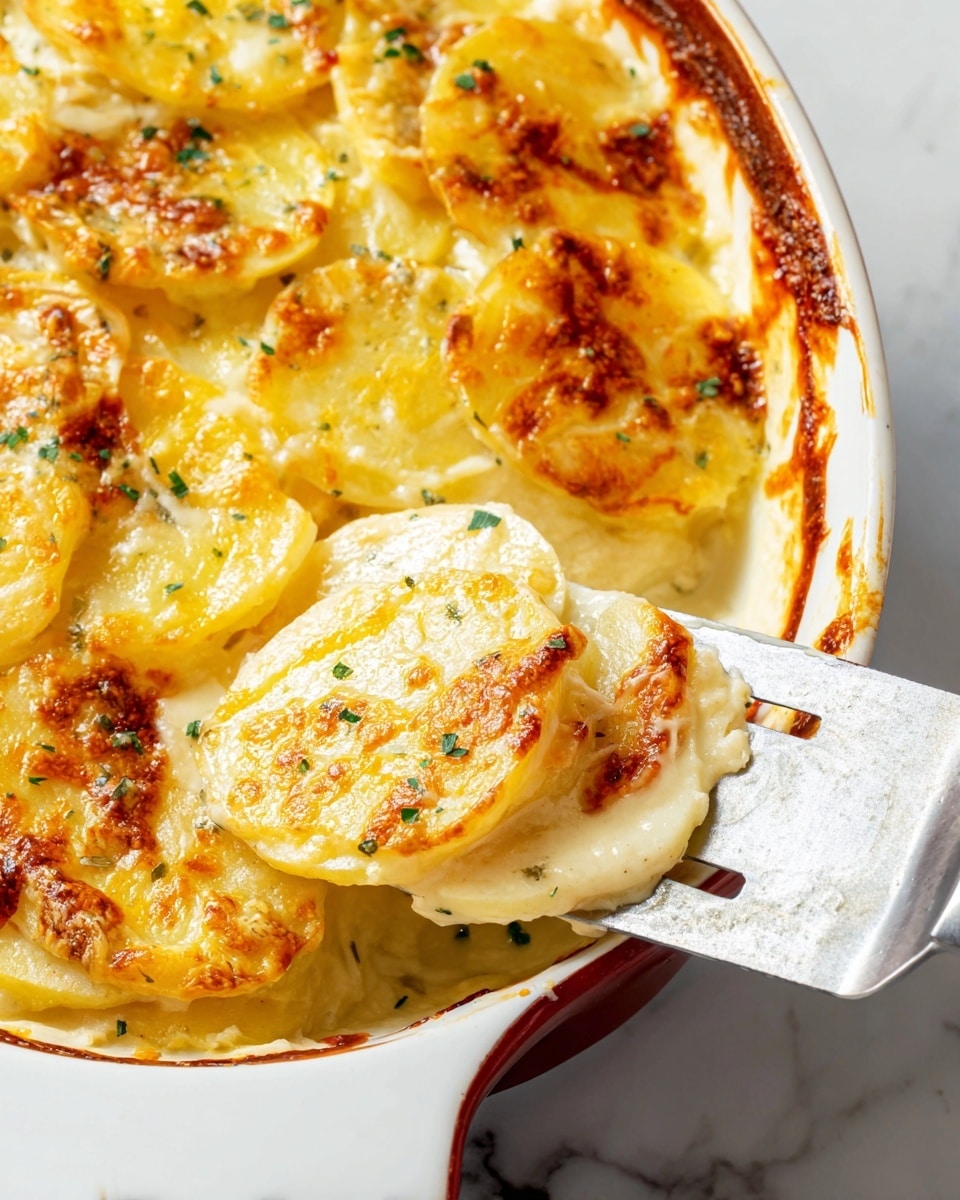 The image shows a close-up of a white ceramic dish filled with creamy scalloped potatoes. The dish has one visible handle with a dark red edge. The potatoes are thinly sliced and arranged in overlapping layers, about three layers thick, with a creamy white sauce coating each slice. The top layer is golden yellow with browned and bubbly spots from melted cheese, and small green herbs are sprinkled across the surface. On the right side, a metal spatula lifts some potatoes, showing their soft texture and creamy sauce beneath the golden crust. The dish sits on a white marbled surface. Photo taken with an iphone --ar 4:5 --v 7