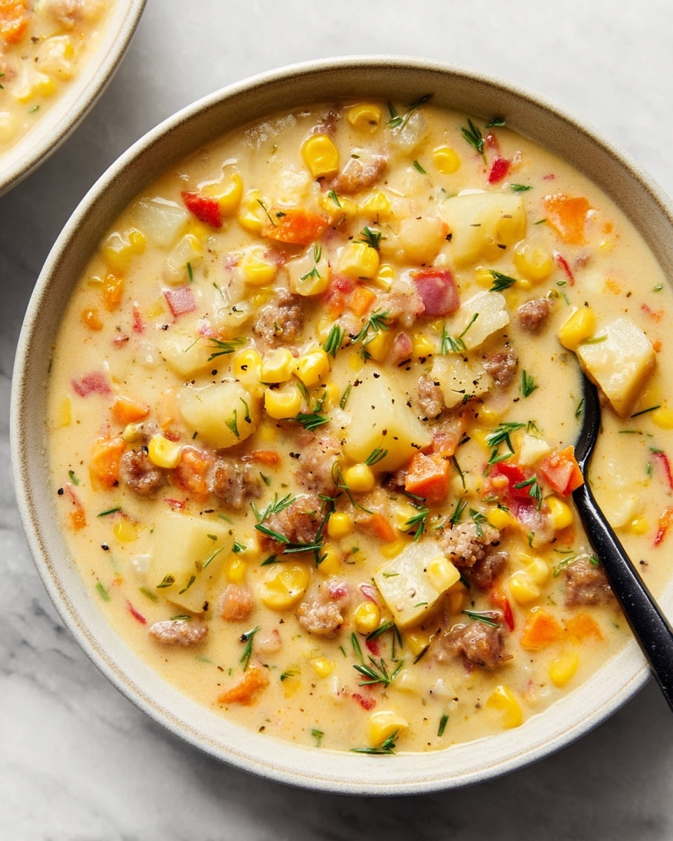 A bowl of thick creamy soup filled with visible chunks that include yellow corn kernels, orange carrot pieces, white potato cubes, red bell pepper bits, and small pieces of browned meat, all mixed into a pale yellow broth. The soup has a slightly chunky texture with vibrant colors from the vegetables and meat scattered evenly throughout. It is served in a white bowl set on a white marbled surface, with a black spoon resting inside the bowl on the right side. Photo taken with an iphone --ar 4:5 --v 7