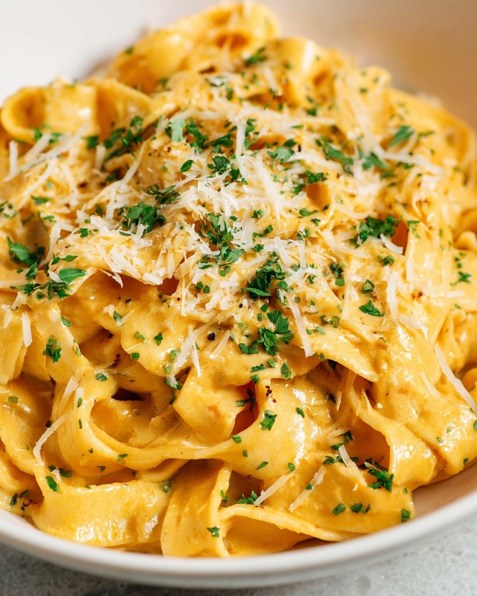 A close-up view of creamy pasta served in a white bowl, showing wide, flat noodles coated in a rich, light orange sauce. On top, there is a sprinkle of finely grated light yellow cheese and chopped fresh green herbs scattered evenly across the dish. The noodles have a smooth and slightly thick texture, with some curling and folding over each other. Photo taken with an iphone --ar 4:5 --v 7