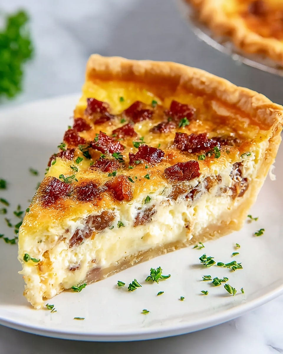 A single slice of quiche is shown on a white plate resting on a white marbled surface. The quiche has three visible layers: the bottom layer is a golden-brown flaky crust with a slightly crimped edge, the middle layer is creamy with bits of browned meat and herbs mixed inside, and the top layer is browned and bubbly with small chunks of meat and green herb pieces scattered on the surface and around the plate. The texture of the filling looks smooth and rich, almost custard-like. Photo taken with an iphone --ar 4:5 --v 7