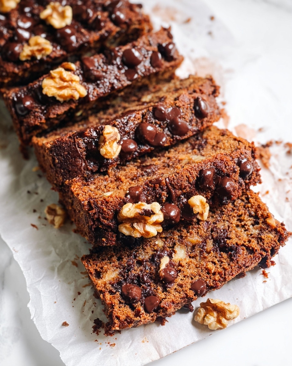 The image shows several thick rectangular slices of a moist brown cake with a rough texture. The top layer is filled with glossy dark chocolate chips and uneven pieces of light brown walnuts scattered across. Inside the cake, you can see chunks of melted chocolate and bits of walnuts, making the texture look soft and crumbly. The slices rest on white parchment paper placed on a white marbled surface. Photo taken with an iphone --ar 4:5 --v 7