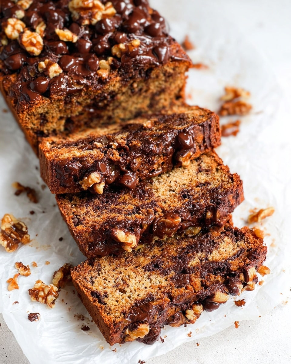 The image shows several thick slices of chocolate chip and walnut bread arranged on a white marbled surface with a piece of white parchment paper underneath. The top layer of the bread is dark brown and textured, dotted heavily with glossy, melted chocolate chips and scattered golden brown walnut pieces. The inside of the bread appears moist and dense, speckled with melted chocolate chunks and bits of walnut, showing a rich mix of colors from medium to dark brown. The bread slices are cut neatly but slightly uneven, with one slice lying flat and the rest stacked closely together. The crumbs and chocolate pieces around add a natural, fresh-baked feel. Photo taken with an iphone --ar 4:5 --v 7