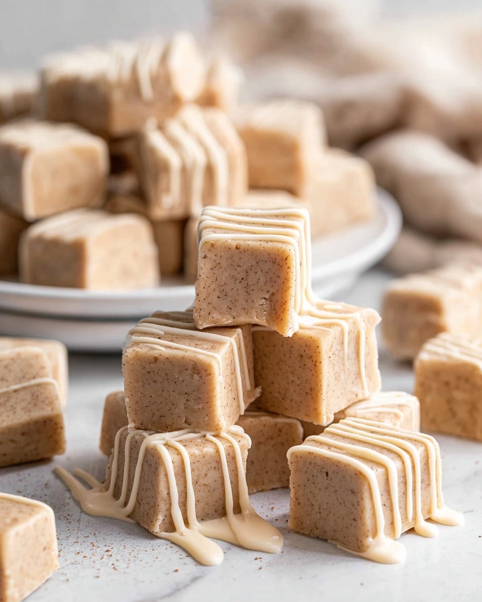 The image shows several pieces of light tan fudge with a smooth, slightly grainy texture, stacked and scattered on a white marbled surface. Each fudge piece is topped with a thin drizzle of creamy off-white icing, creating soft drips down the sides. The fudge blocks are cut into small squares and rounds, revealing fine specks throughout, suggesting a spiced flavor. In the background, more fudge pieces are arranged in a casual pile on a white plate, with a soft beige cloth blurred behind them. The overall tone is warm and inviting, with focus on the front stacked fudge pieces. photo taken with an iphone --ar 4:5 --v 7