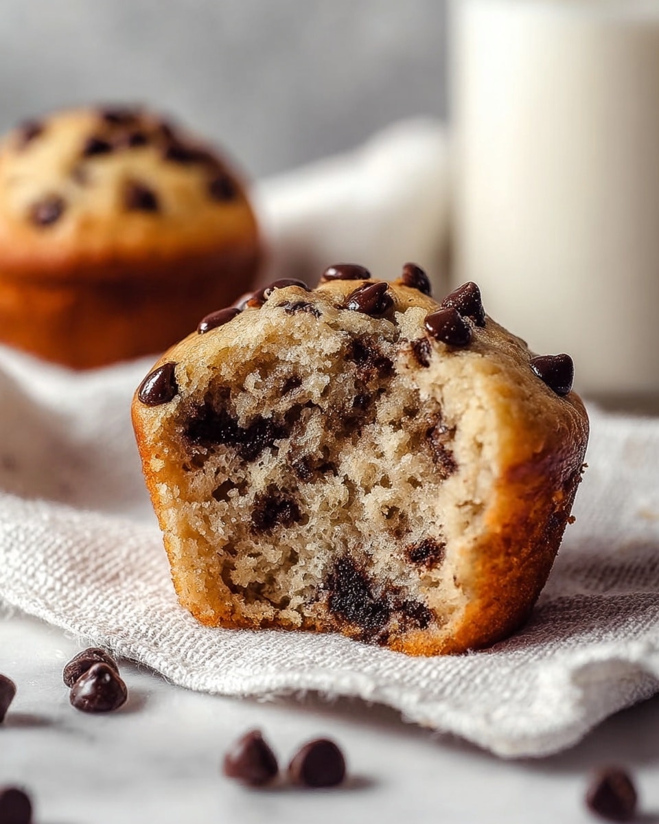 A close-up of a chocolate chip muffin with the front half bitten off, showing a soft, light brown inside filled with small dark chocolate chips scattered evenly. The muffin’s top is golden brown with a slightly crisp texture, dotted with shiny, melted chocolate chips. The muffin sits directly on a white textured cloth with a few loose chocolate chips scattered nearby. In the background, another whole muffin is slightly out of focus alongside a tall white cup. The whole scene is set against a white marbled texture. photo taken with an iphone --ar 4:5 --v 7