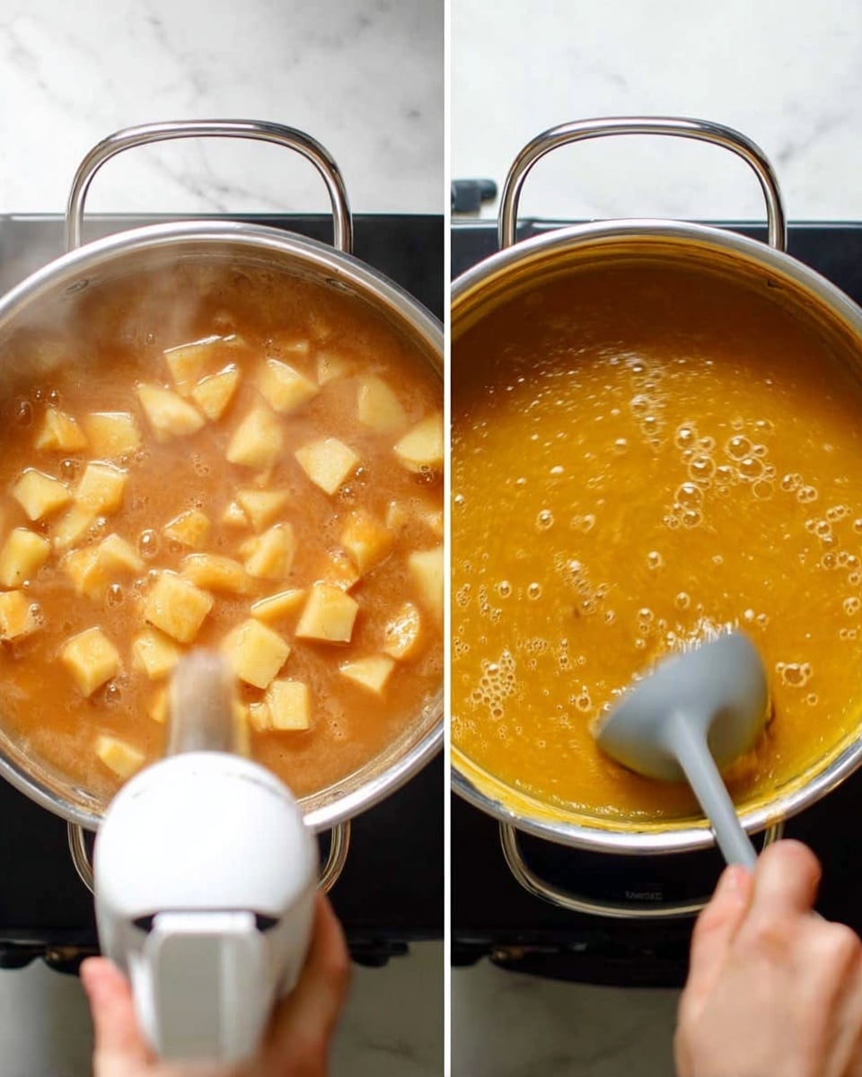 The image shows two close-up shots of a cooking pot on a stove, placed on a white marbled surface. On the left, the pot is filled with chunky potato pieces simmering in a light brownish-orange broth, with steam rising above. A woman's hand holding a white electric mixer is partially visible, blending the ingredients. On the right, the cooked mixture turns into a smooth, thick, golden-yellow soup, with visible bubbles on the surface. A woman's hand is stirring the soup with a gray ladle, showing motion blur. photo taken with an iphone --ar 4:5 --v 7