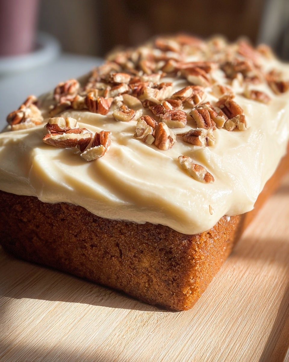 The image shows a close-up of a rectangular loaf cake with one thick layer of light brown cake at the bottom, topped by a thick layer of smooth, creamy off-white frosting spread evenly on top, creating soft swirls. Scattered across the frosting are medium-sized pieces of chopped pecans adding a textured and crunchy look with their warm, brown tones. The cake sits on a light wooden surface, with sunlight casting soft shadows. The background is softly blurred, highlighting the cake's details. Photo taken with an iphone --ar 4:5 --v 7