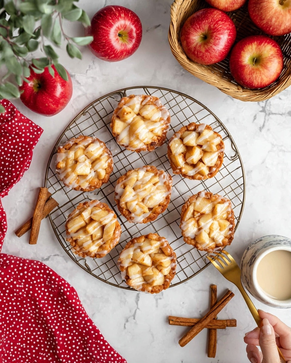 Seven mini apple tarts are arranged on a round metal cooling rack placed on a white marbled surface. Each tart has a golden crust base topped with soft, glossy apple chunks covered in a light drizzle of white icing. A woman's hand holds a gold fork, about to take one tart from the rack. Nearby, a white cup filled with light cream is on the surface along with a few cinnamon sticks and a small green plant in the top right corner. A basket filled with red apples sits in the upper left, next to a loose red apple and a red cloth with white polka dots at the bottom left. Photo taken with an iphone --ar 4:5 --v 7