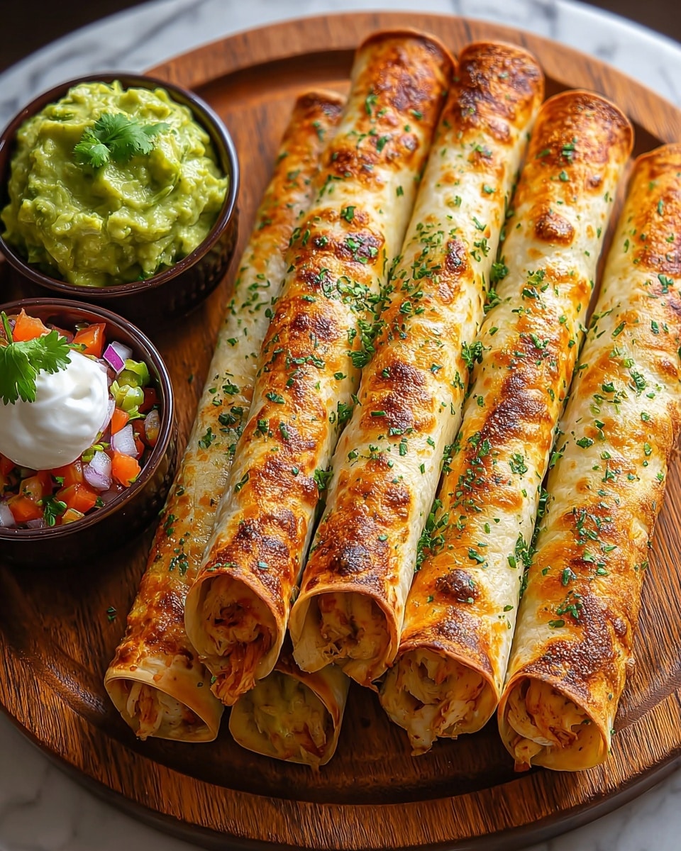 Six rolled golden brown taquitos are lined up neatly on a round wooden board, each taquito sprinkled with finely chopped green herbs and showing hints of shredded chicken and melted cheese peeking from the open ends. The shells have a slightly crispy texture with darker browned spots. Two small dark brown bowls of creamy green guacamole sit at the front left of the board, one topped with diced red onions, tomatoes, and fresh herbs, while the other has a small dollop of white sour cream with colorful diced veggies and a cilantro leaf on top. The scene is set on a white marbled textured surface. Photo taken with an iphone --ar 4:5 --v 7