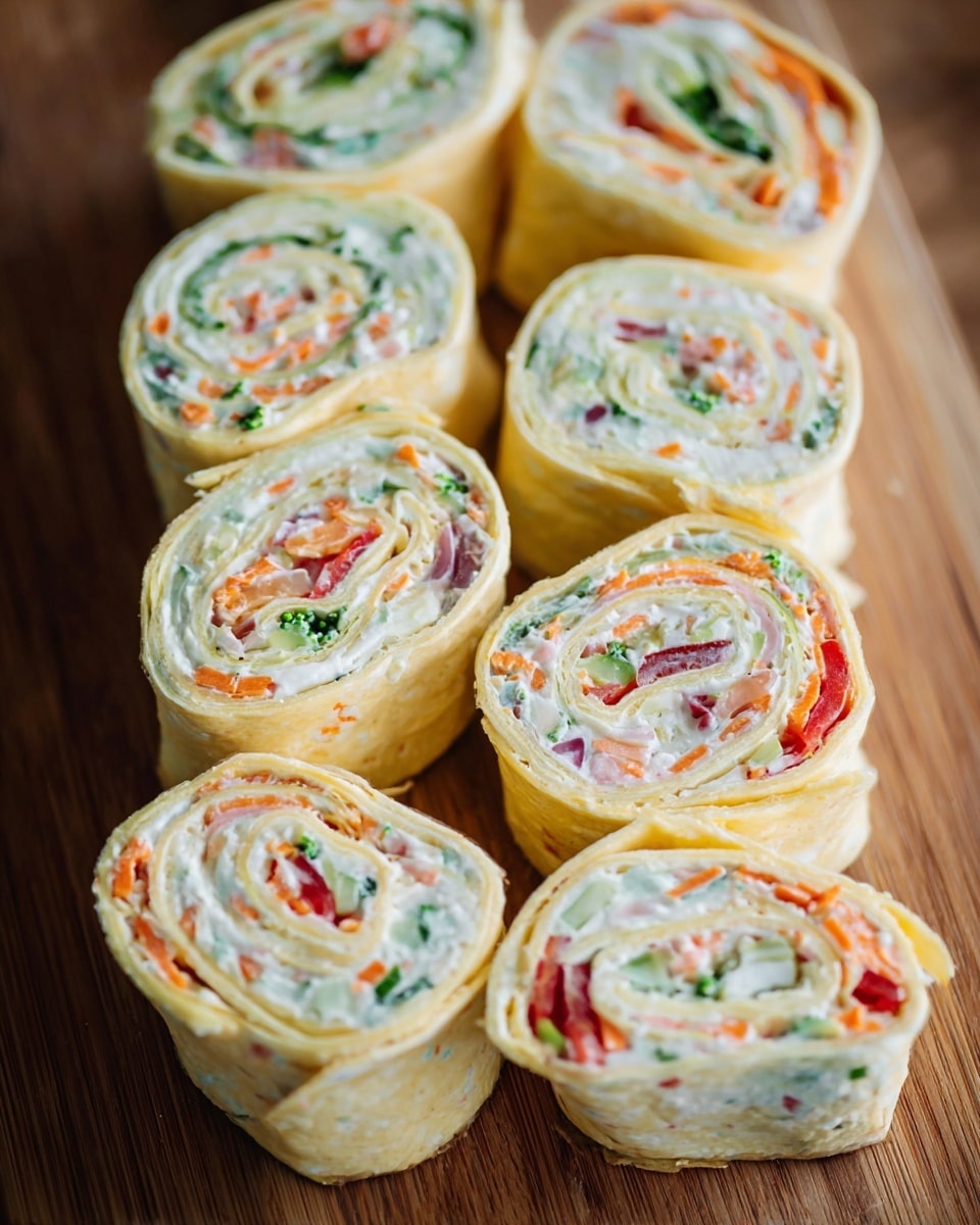 The image shows eight pinwheel wraps cut into thick slices, arranged closely on a wooden surface. Each wrap has three visible layers: the outer layer is a light yellow tortilla with a soft texture, rolled tightly. The middle layer is creamy white spread, mixed with small colorful bits of finely chopped red tomatoes, orange carrots, green onions, and small green broccoli pieces, creating a marbled effect inside. The vegetables and spread are evenly distributed in each swirl, making the pinwheels look fresh and vibrant. The wooden surface beneath adds warmth and contrast to the bright, creamy wraps. photo taken with an iphone --ar 4:5 --v 7