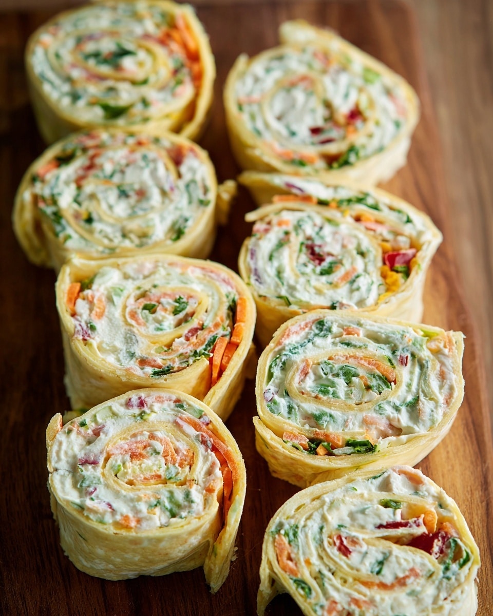Eight pinwheel wraps are shown sliced and arranged on a wooden surface, each with two visible layers. The outer layer is a soft, pale yellow wrap that holds a creamy white filling inside. The filling layer is thick and mixed with small pieces of green, orange, and red vegetables, adding specks of color and texture throughout. The vegetables seem finely chopped with some leafy green bits, carrot shreds, and little red pepper chunks creating a fresh, vibrant look. The wraps have a soft and smooth texture with the vegetables adding a slight crunch. photo taken with an iphone --ar 4:5 --v 7