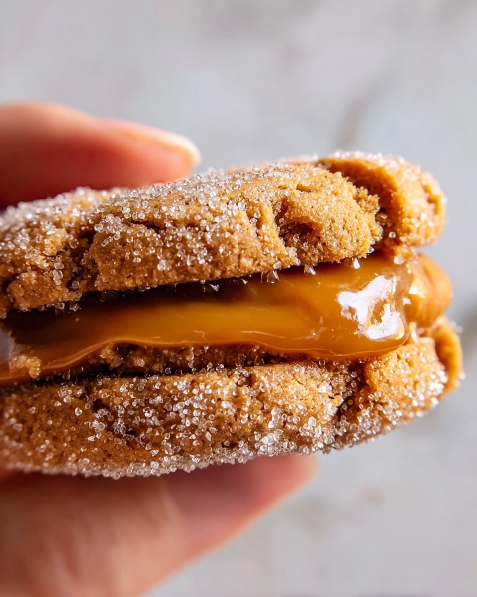 A close-up of a sandwich cookie held by a woman's hand, showing two crumbly, golden-brown cookie layers coated with sparkling sugar crystals. Between these cookie layers is a thick, smooth caramel filling with a shiny, rich amber color that slightly oozes from the edges. The texture of the cookie appears soft with coarse sugar crystals on the surface, creating a contrast with the gooey, creamy caramel layer inside. The soft focus background emphasizes the cookie's details, all set against a white marbled texture. photo taken with an iphone --ar 4:5 --v 7