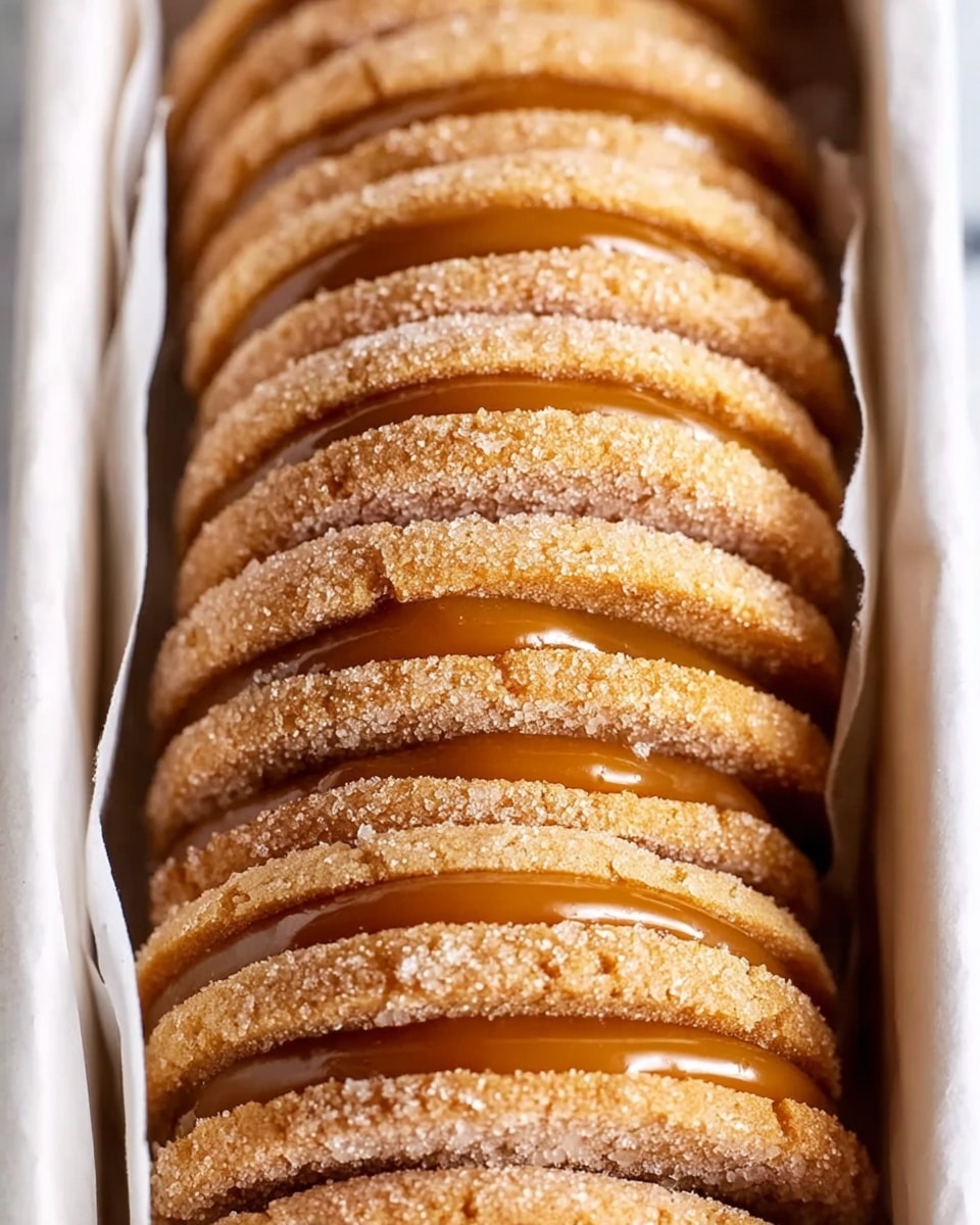 A close-up view of a row of sandwich cookies lined up vertically inside a white box with white parchment paper. Each cookie has two light brown, sugar-coated outer layers with a rough, grainy texture from the sugar crystals, and a smooth, thick caramel filling in the middle that is glossy and golden brown. The cookies are packed tightly, showing multiple layers of soft biscuit and creamy caramel evenly spread between them. The background is a white marbled texture. photo taken with an iphone --ar 4:5 --v 7