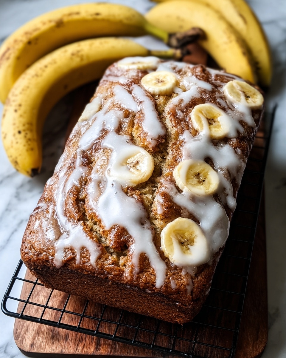 The image shows a rectangular banana cinnamon bread topped with a thick swirl of white icing glaze, giving it a shiny and smooth texture. The bread has a golden brown crust with darker brown cinnamon streaks that create a wavy pattern across the top. Embedded in the bread are several slices of banana, their light yellow color contrasting with the darker bread. The bread rests on a black cooling rack, which sits on a wooden board, all placed on a white marbled surface. Around the bread, there are three whole bananas with brown spots on their yellow skins, adding a fresh and natural touch to the scene. Photo taken with an iphone --ar 4:5 --v 7