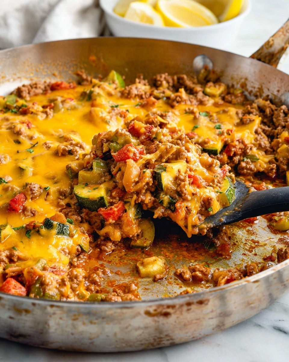 A large metal pan contains a cooked mix of ground meat and diced vegetables like green peppers, zucchini, and red tomatoes. The top layer has melted orange-yellow cheese, slightly browned, spread unevenly over the dish. The mixture appears thick and chunky, with visible bits of meat and veggies blending together, showing a rich, juicy texture. The pan rests on a white marbled surface, and a black spatula with some food on it is partly inside the pan, lifting some of the cheesy mixture. In the blurry background, a white bowl with extra food and lemon wedges can be seen. Photo taken with an iphone --ar 4:5 --v 7