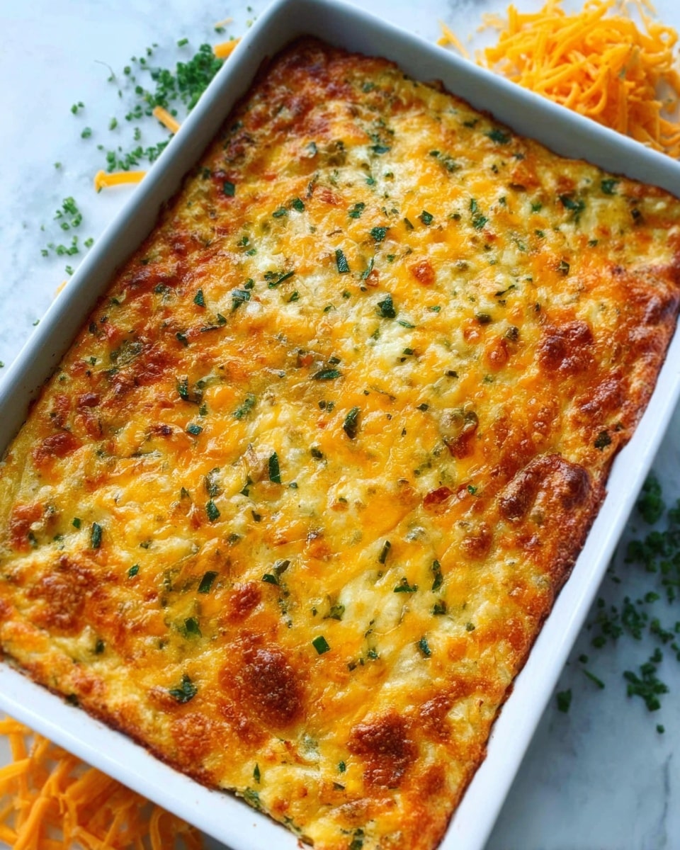 The image shows a rectangular white baking dish filled with a baked casserole that has a golden-brown, slightly crispy top layer with small green herb pieces scattered across it. The casserole surface looks creamy and cheesy, slightly browned with a rough texture from melted cheese. The dish rests on a white marbled surface with some shredded orange cheese on the side. Photo taken with an iphone --ar 4:5 --v 7