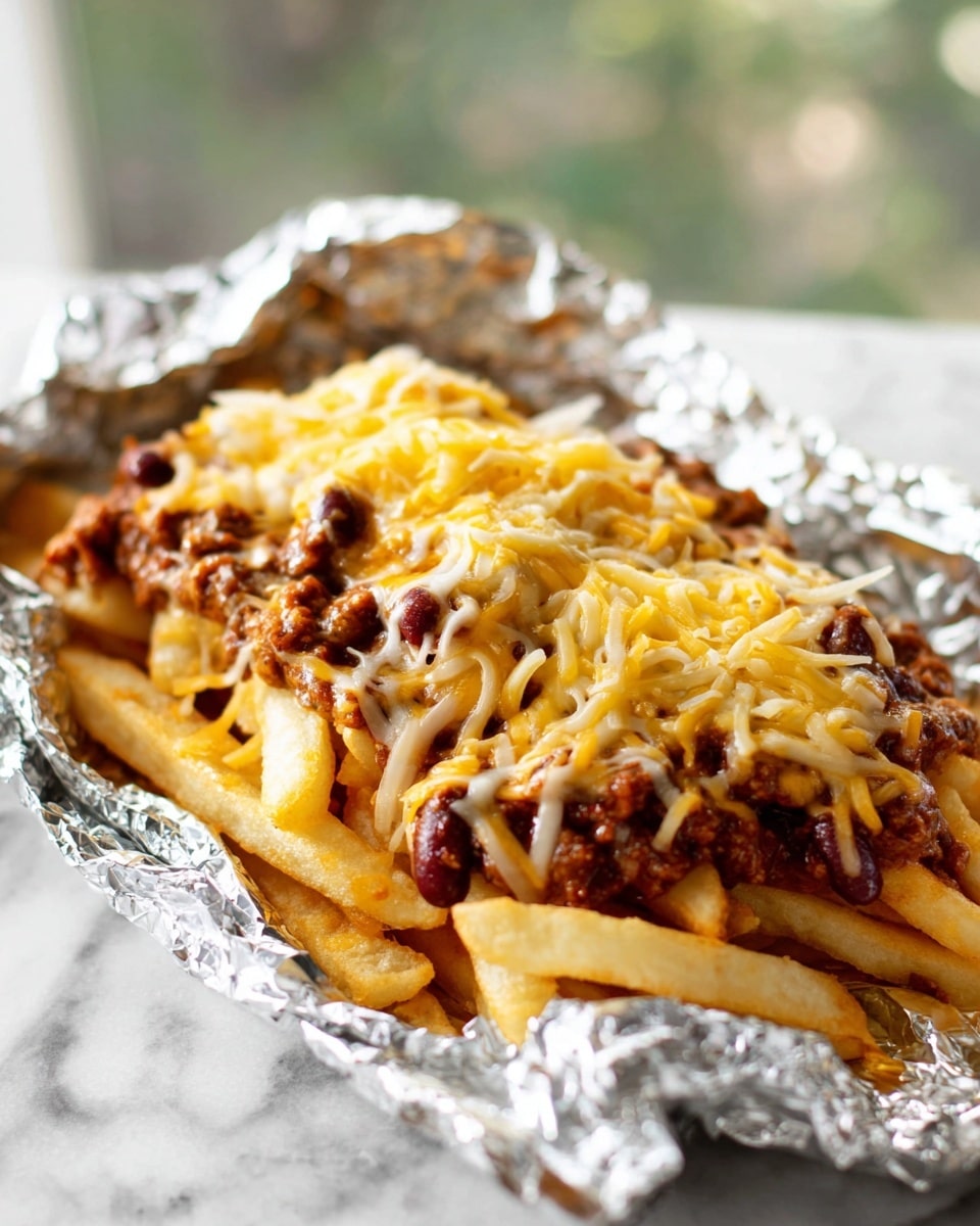 A serving of golden French fries layered with a rich chili that includes dark red beans, topped with melted yellow and white cheese, all placed on crinkled aluminum foil. The fries form the base layer, the chili sits thickly over them, and the gooey melted cheese covers the top, creating a warm, hearty look. The food is photographed on a white marbled surface with soft natural light in the background, showing a cozy setting. photo taken with an iphone --ar 4:5 --v 7