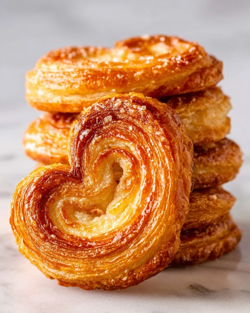 A close-up image shows a stack of eight golden brown palmiers resting on a white marbled surface. The palmier in front is positioned upright, displaying two large spiral layers with visible flaky, crisp texture and a shiny sugar glaze that adds a glossy finish. The sugar crystals catch the light, enhancing the caramelized, slightly darker edges of the pastry. The palmiers behind show their rough, puffed sides in warm, rich tones of brown, with some layers slightly puffed and crisped on the edges, giving a light and airy appearance. Photo taken with an iphone --ar 4:5 --v 7
