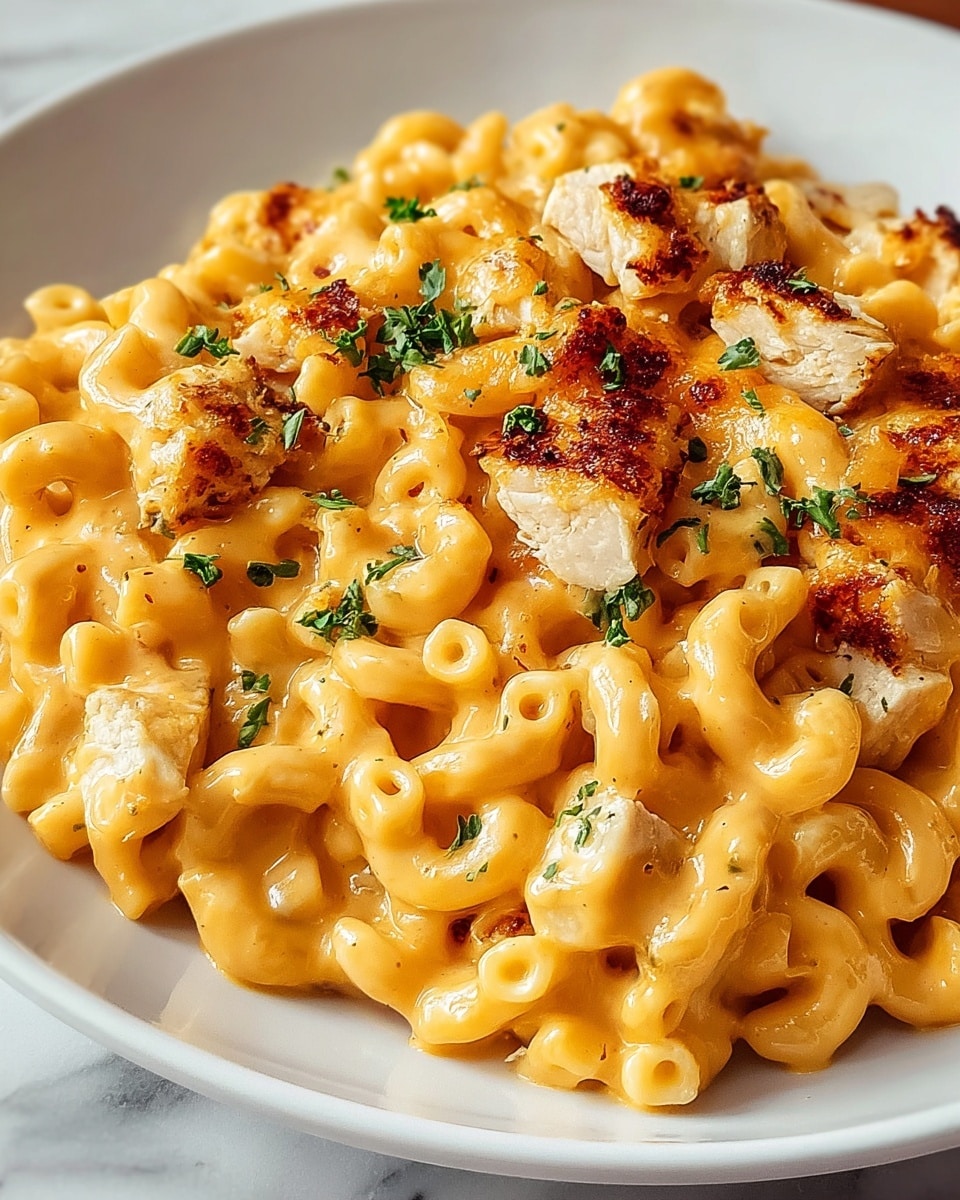 A close-up view of creamy macaroni and cheese on a white plate, with the pasta covered in smooth, rich orange cheese sauce. The macaroni curls are soft and well-coated, while small chunks of white chicken are scattered on top. The chicken pieces have light brown crispy edges, and there are small bits of green herbs sprinkled over the dish. The cheese has a slightly browned, slightly crispy top layer adding texture contrast. The plate is set on a white marbled surface. Photo taken with an iphone --ar 4:5 --v 7