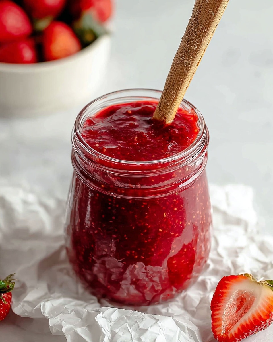 A clear glass jar filled to the top with bright red, thick strawberry jam, showing a slightly chunky texture with visible small fruit pieces throughout. A small wooden spoon is dipped inside, resting inside the jar and coated with the jam. The jar is placed on crumpled white paper over a white marbled surface, with a partially sliced fresh strawberry in the foreground and a white bowl filled with whole strawberries blurred in the background. Photo taken with an iphone --ar 4:5 --v 7