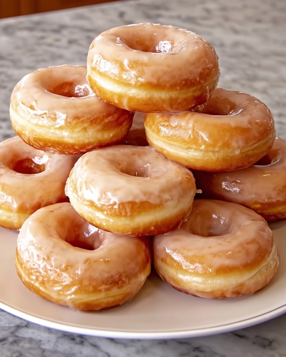 A plate holds a stack of eight glossy glazed donuts arranged in two layers; the bottom layer has five donuts forming a circle, and the top layer has three donuts placed neatly on top. Each donut is golden-brown with a shiny, smooth light tan glaze covering the entire top and sides, creating a wet look. The plate is white with two thin black rings on the edge, sitting on a white marbled surface. photo taken with an iphone --ar 4:5 --v 7