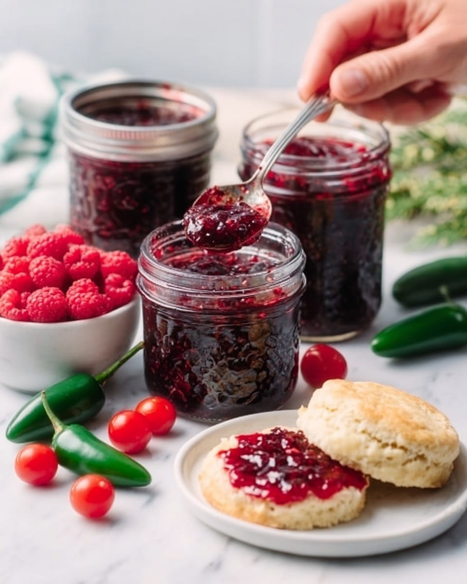 The image shows a close-up of three clear glass jars filled with dark red jam. In front of the jars, there is a white bowl filled with fresh red raspberries. To the right, on a white plate, two round, pale yellow scones are spread with thick red jam. A silver spoon lies in front, holding some of the jam, and a woman's hand is about to scoop some from one of the jars. Green jalapeño peppers and small red cherry tomatoes are placed on the white marbled surface around the jars, adding a fresh and colorful touch. The entire scene is bright and vivid, with natural light highlighting the glossy texture of the jam. photo taken with an iphone --ar 4:5 --v 7
