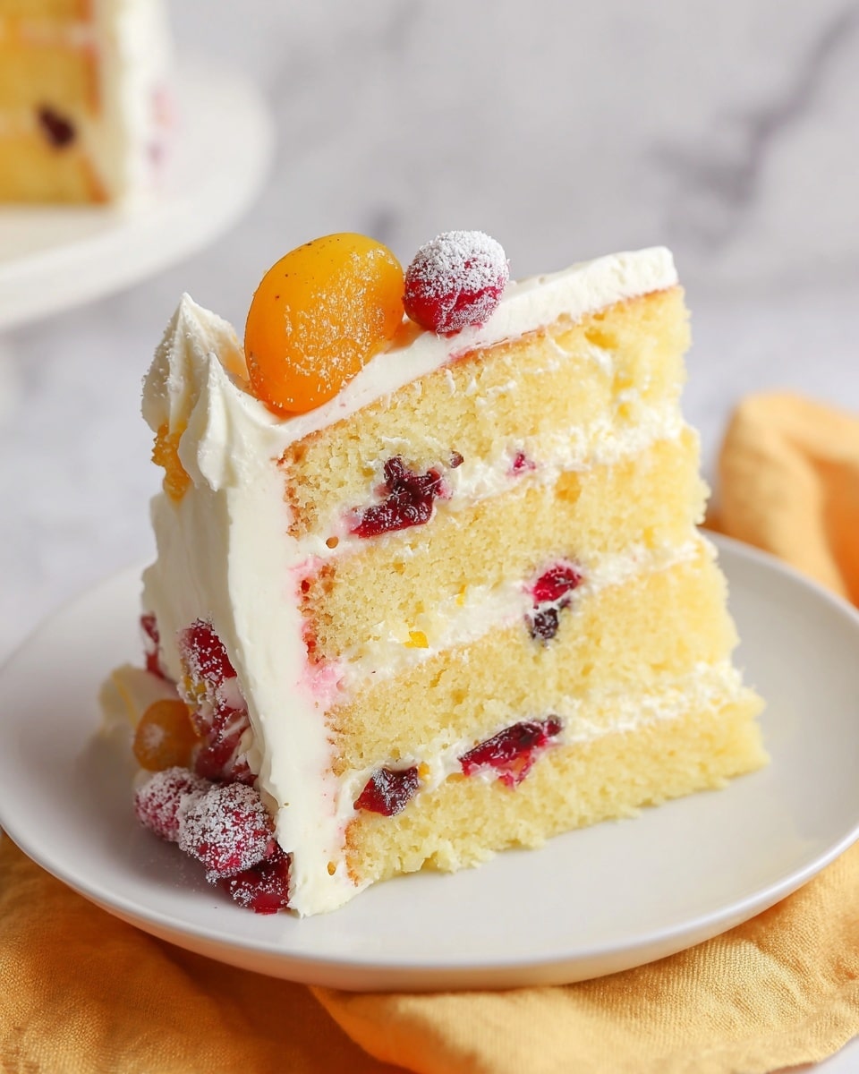 A three-layer white cake with light yellow sponge and white cream between each layer, containing pieces of red berries inside. The cake is covered smoothly in white frosting with small textured lines. On top, there are white frosting swirls evenly spaced around the edge, each topped with a sugared red berry and a thin slice of orange peel. Around the base of the cake, alternating dollops of white frosting and sugared red berries with small pieces of orange peel decorate the sides. The cake sits on a clear glass cake stand over a white marbled surface, with a glass bowl of sugared berries partially visible in the background. Photo taken with an iphone --ar 4:5 --v 7