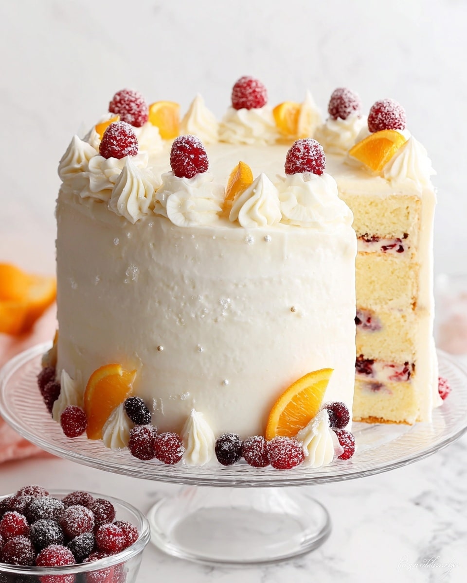 The image shows a slice of three-layer yellow cake on a white plate placed on a white marbled surface with a yellow cloth underneath. Each layer of the cake is soft and light yellow, separated by smooth white cream layers. Inside the cake layers, there are red berries spread evenly. The top edge of the cake slice has a thick white cream layer with a small orange fruit slice and a sugared berry beside it. The overall look is fresh and moist. Photo taken with an iphone --ar 4:5 --v 7