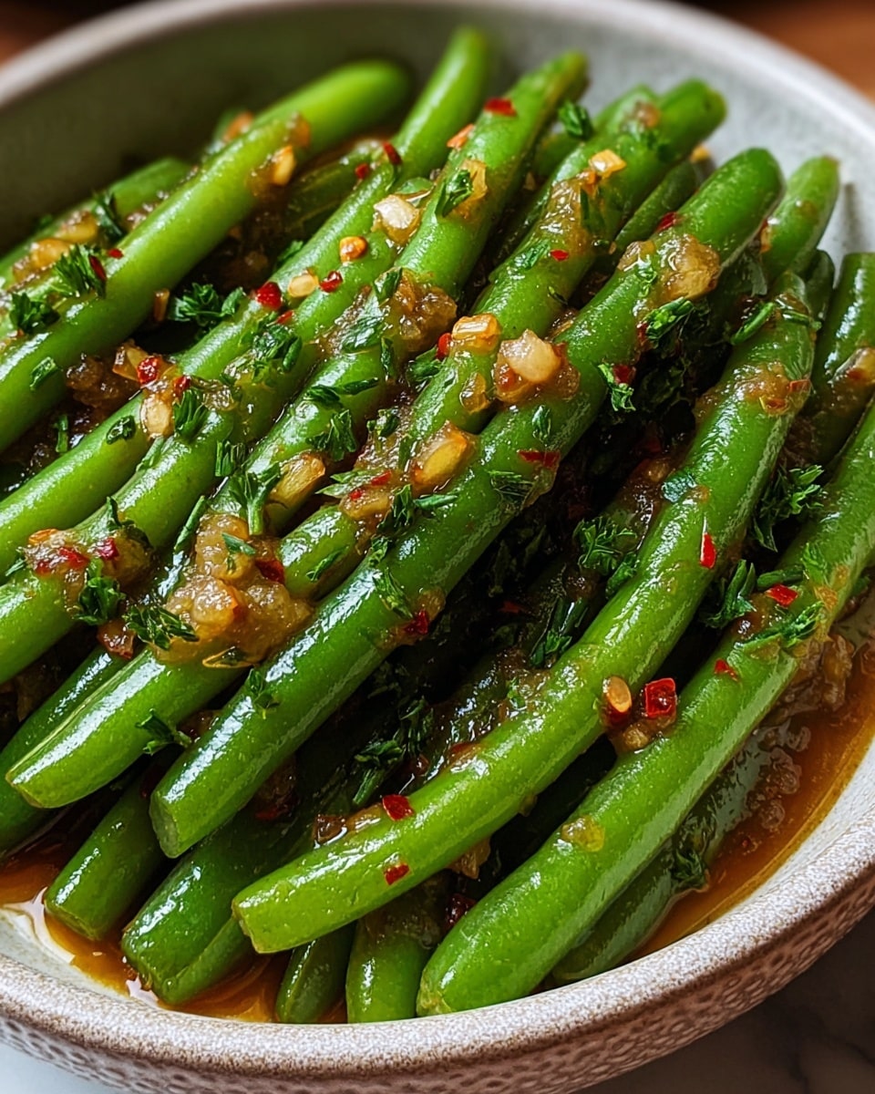 The image shows a close-up of cooked green beans arranged in neat rows inside a white bowl with a textured rim. The green beans have a shiny coating of a sauce that is light brown and slightly chunky, likely garlic or seasoning bits. Small red chili flakes and green chopped herbs are scattered generously over the beans, adding splashes of color. The bowl sits on a white marbled surface that complements the fresh green and reddish colors of the dish. The photo is sharply focused on the green beans, highlighting their glossy texture. photo taken with an iphone --ar 4:5 --v 7