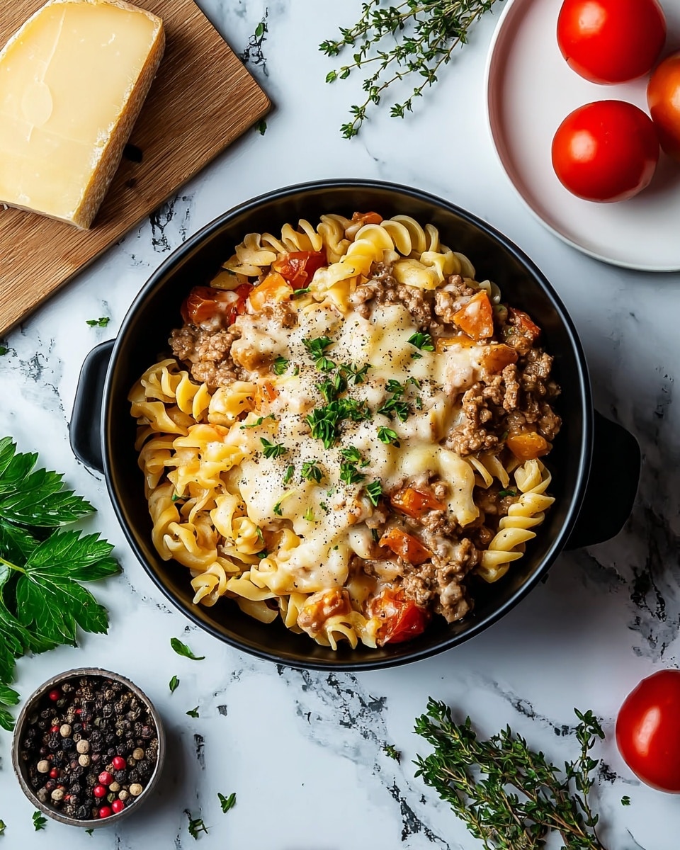 A black bowl filled with two layers: the bottom layer is light yellow rotini pasta mixed with small pasta shells, soft and creamy in texture, and the top layer is browned ground beef scattered evenly across the pasta. In the center, a small bunch of fresh green herbs adds a pop of color. The bowl is placed on a white marbled surface. photo taken with an iphone --ar 4:5 --v 7