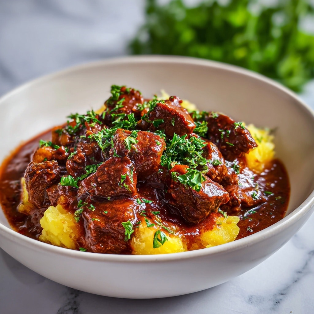 A white plate sits on a white marbled surface, filled with a bed of yellow spaghetti noodles arranged in a circular pattern. On top, there is a layer of rich brown beef chunks covered in thick brown gravy, garnished with small pieces of green herbs scattered evenly over the meat. A gold spoon is visible in the background with some green parsley leaves around, enhancing the fresh look. photo taken with an iphone --ar 4:5 --v 7