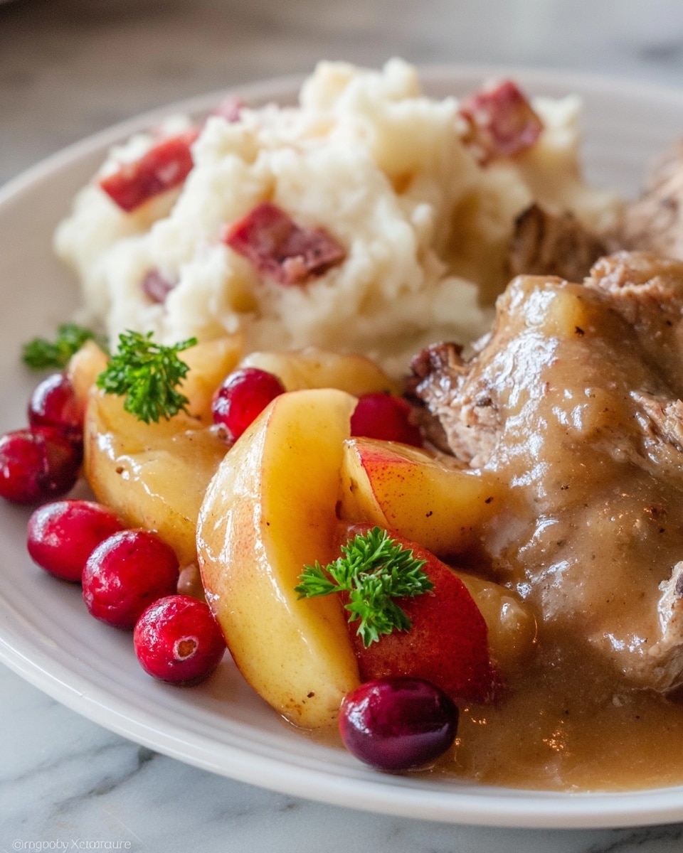 A white plate sits on a white marbled surface, holding a serving of mashed potatoes and a portion of cooked pork with gravy. The mashed potatoes are creamy and topped with bits of red potato skin, positioned on the left side of the plate. In front, there are several pieces of stewed fruit, including yellow peach slices and apple slices with skin, mixed with bright red cranberries, all coated lightly with brown cinnamon-colored sauce. Small sprigs of green parsley decorate the fruit, adding a pop of color. The pork, covered in a thick brown gravy with visible specks, is in the back right. The image shows a close-up, capturing the textures of the creamy mashed potatoes, tender meat, and soft fruit, with a warm and inviting feel. Photo taken with an iphone --ar 4:5 --v 7
