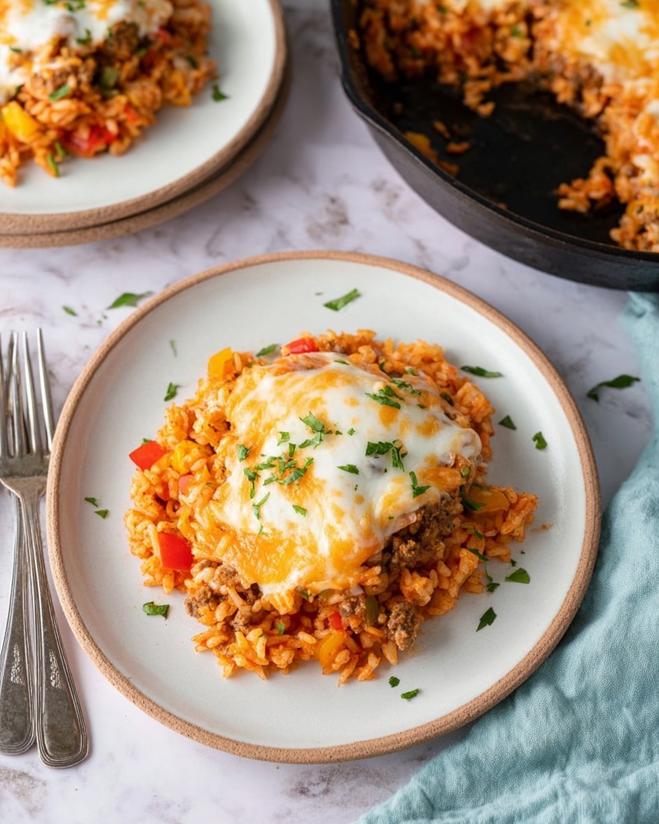 A round white plate holds a layered dish with three main layers: the bottom layer is a mix of orange-colored rice with small bits of red and yellow peppers, topped with cooked ground meat mixed into the rice; the middle layer features melted white cheese that is slightly browned and bubbly, covering the center of the rice and meat; finely chopped green herbs are sprinkled on the cheese and around the dish for garnish. In the background, there is a black cast iron pan with the same dish visible, and part of another white plate with the dish can be seen on the top left. The surface under the plates and pan is a white marbled texture. Two silver forks lie diagonally on the left side of the main plate, and a light blue cloth is on the right. photo taken with an iphone --ar 4:5 --v 7
