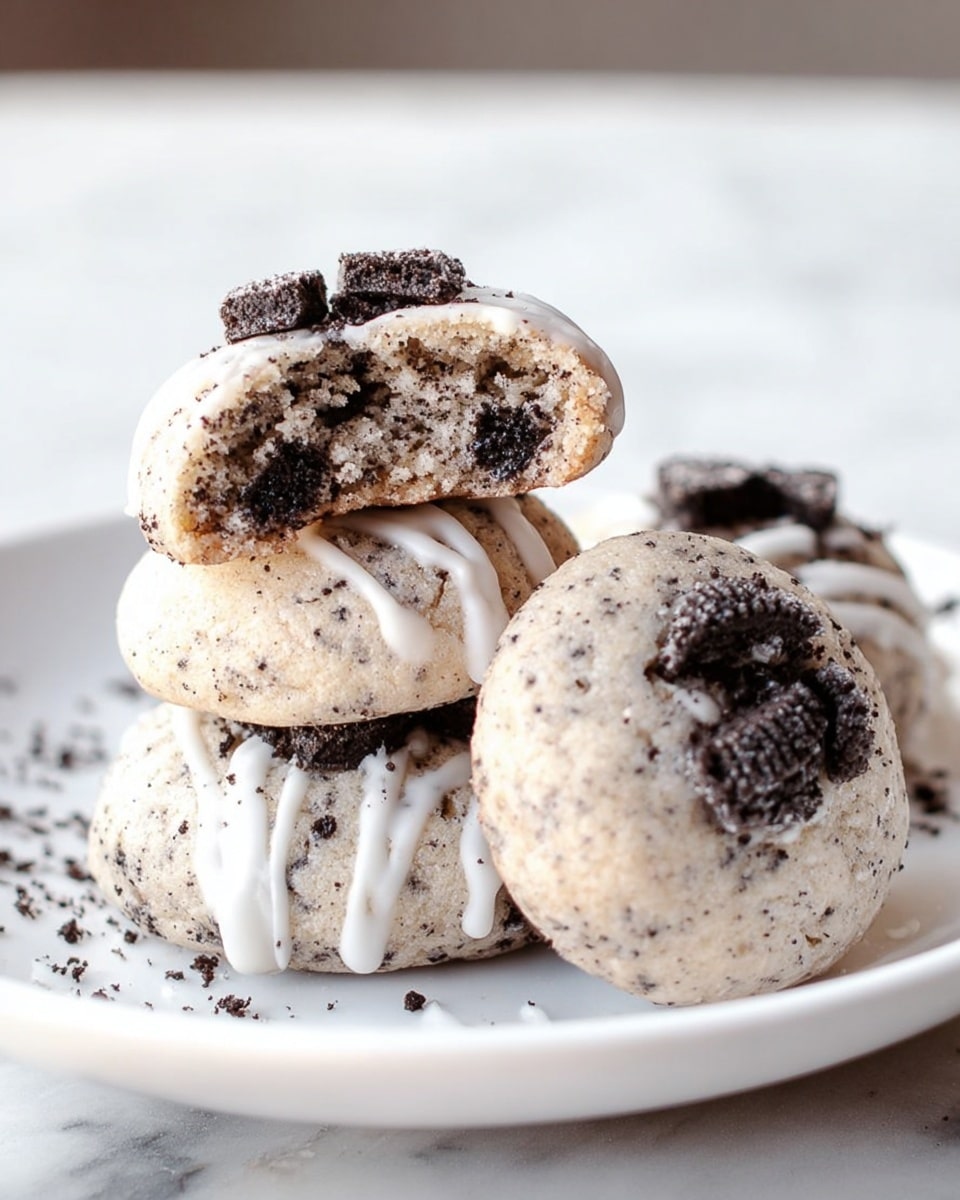 Four round cookies sit stacked on a white plate over a white marbled surface. Each cookie has a light beige color mixed with dark brown cookie crumbs inside, giving a speckled look. Two cookies have a drizzle of smooth white icing on top with chunks of dark brown cookie pieces sprinkled over them. One cookie is cut in half and placed on top, showing a soft, crumbly inside texture with dark bits spread within. The overall look is soft, crumbly, and rich with contrast from the white icing and dark cookie bits. photo taken with an iphone --ar 4:5 --v 7