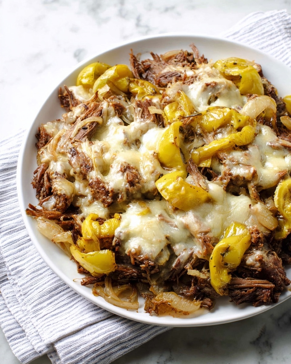 A white plate filled with shredded dark brown cooked meat layered unevenly and topped with melted light beige cheese, with scattered whole yellow peppers and caramelized translucent onions mixed throughout, all resting on a white marbled surface with a thin white and blue striped cloth partially visible underneath, photo taken with an iphone --ar 4:5 --v 7