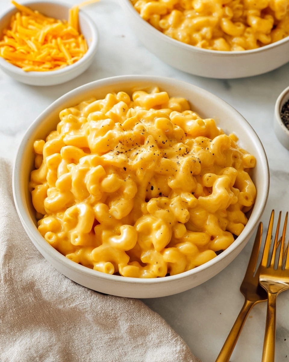 A close-up view of a white bowl filled with creamy macaroni and cheese, showing one layer of elbow macaroni pasta evenly coated in a thick, smooth, bright orange cheese sauce with flecks of black pepper on top. The bowl sits on a white marbled surface, next to a smaller white bowl with shredded cheddar cheese and two gold and white forks. Another similar bowl with macaroni and cheese is partially visible in the top right corner. Photo taken with an iphone --ar 4:5 --v 7